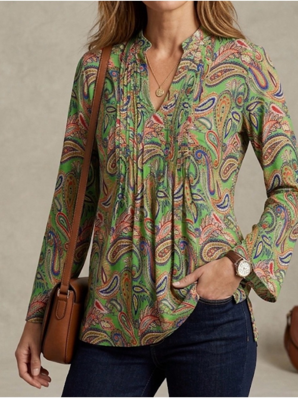 Lauren Ralph Lauren Paisley Cotton Tunic Top Small Green Ruffle Boho Blouse